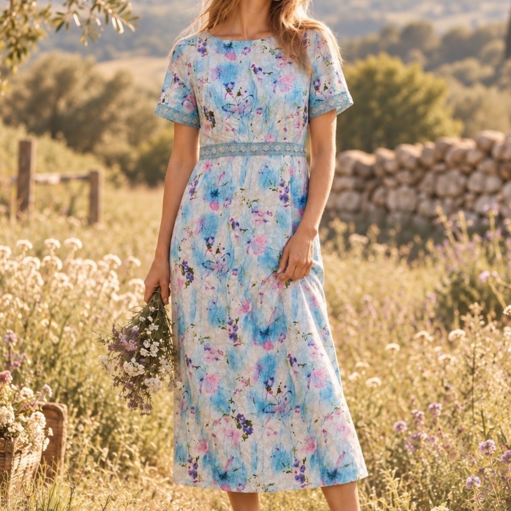 Vtg Sarah Elizabeth 80s Floral Lace Trim Empire Midi Dress Cottagecore 8 D2